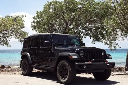 Zwarte Jeep Wrangler uit het wagenpark van Palm Crest Curaçao