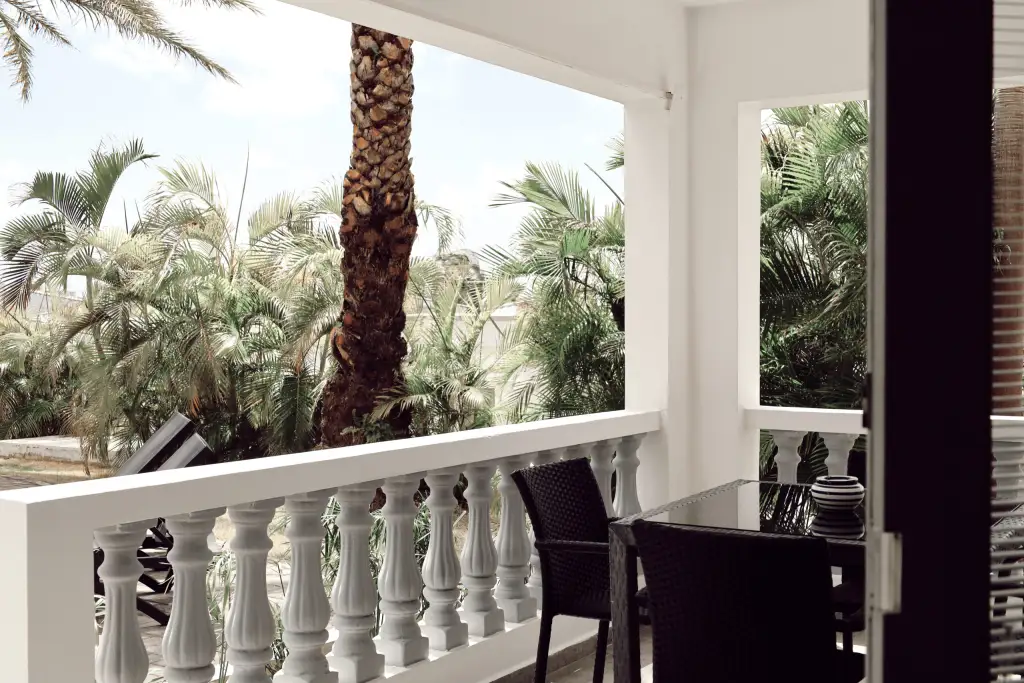 Terras met balustrade tussen de palmen