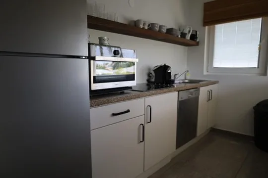 Keuken met houten plank en werkblad in het 2-slaapkamerappartement